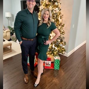 Calvin Klein green  Short Sleeve Boat Neck Tie Wrap Waist Ruffle Skirt